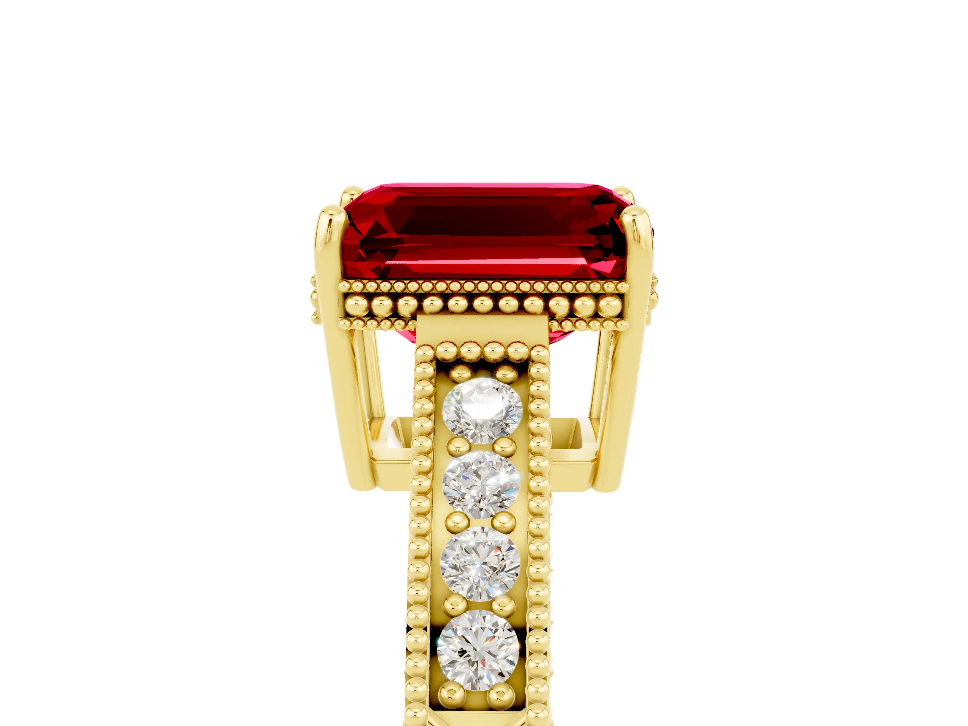 Yellow gold Emerald Cut Ruby Engagement Ring with Milgrain Channel Set Band and Prong Setting_5
