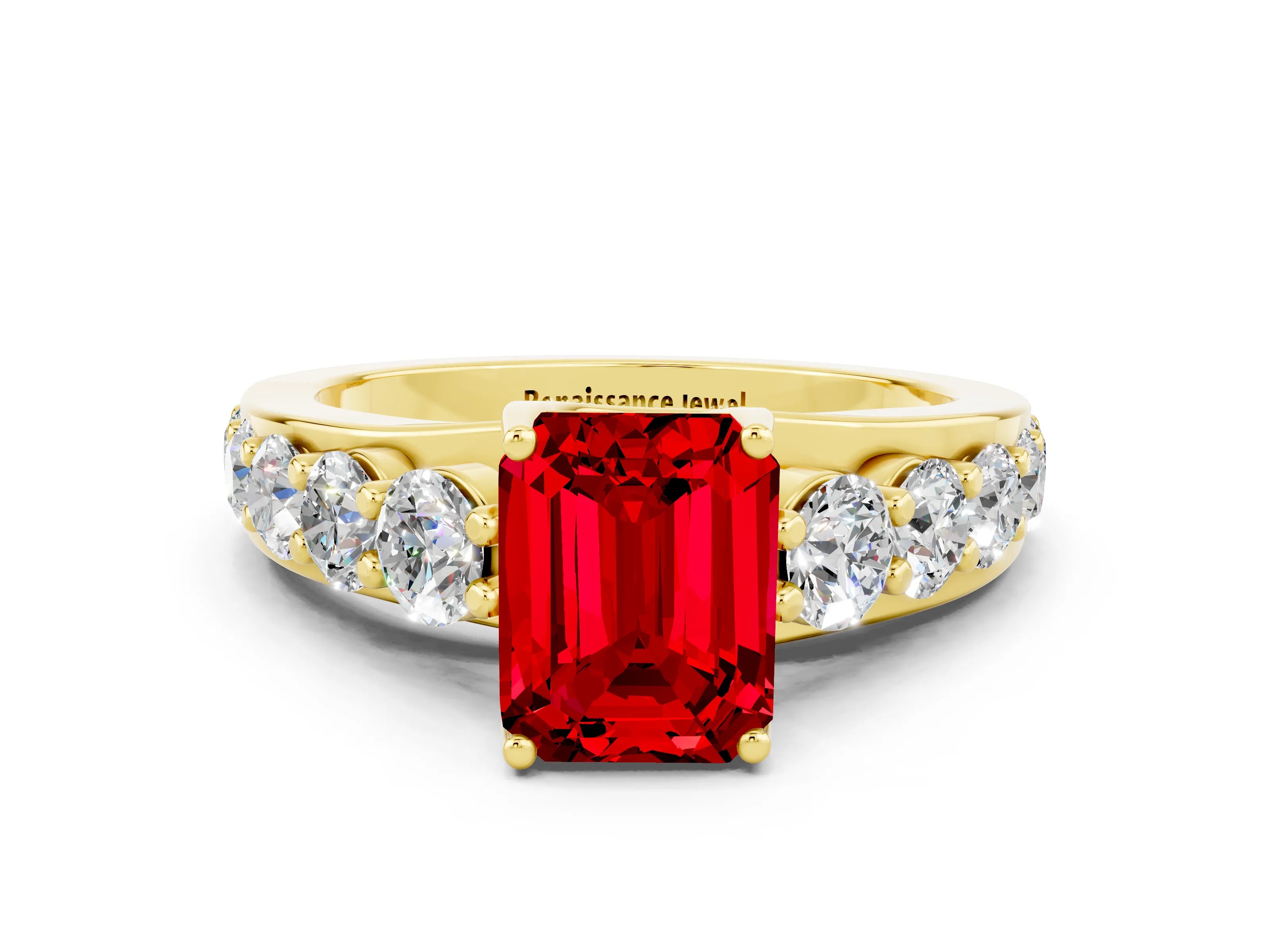 Yellow gold Emerald Cut Ruby Engagement Ring with Pavé Band and Four-Prong Setting
