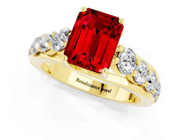 Yellow gold Emerald Cut Ruby Engagement Ring with Pavé Band and Four-Prong Setting