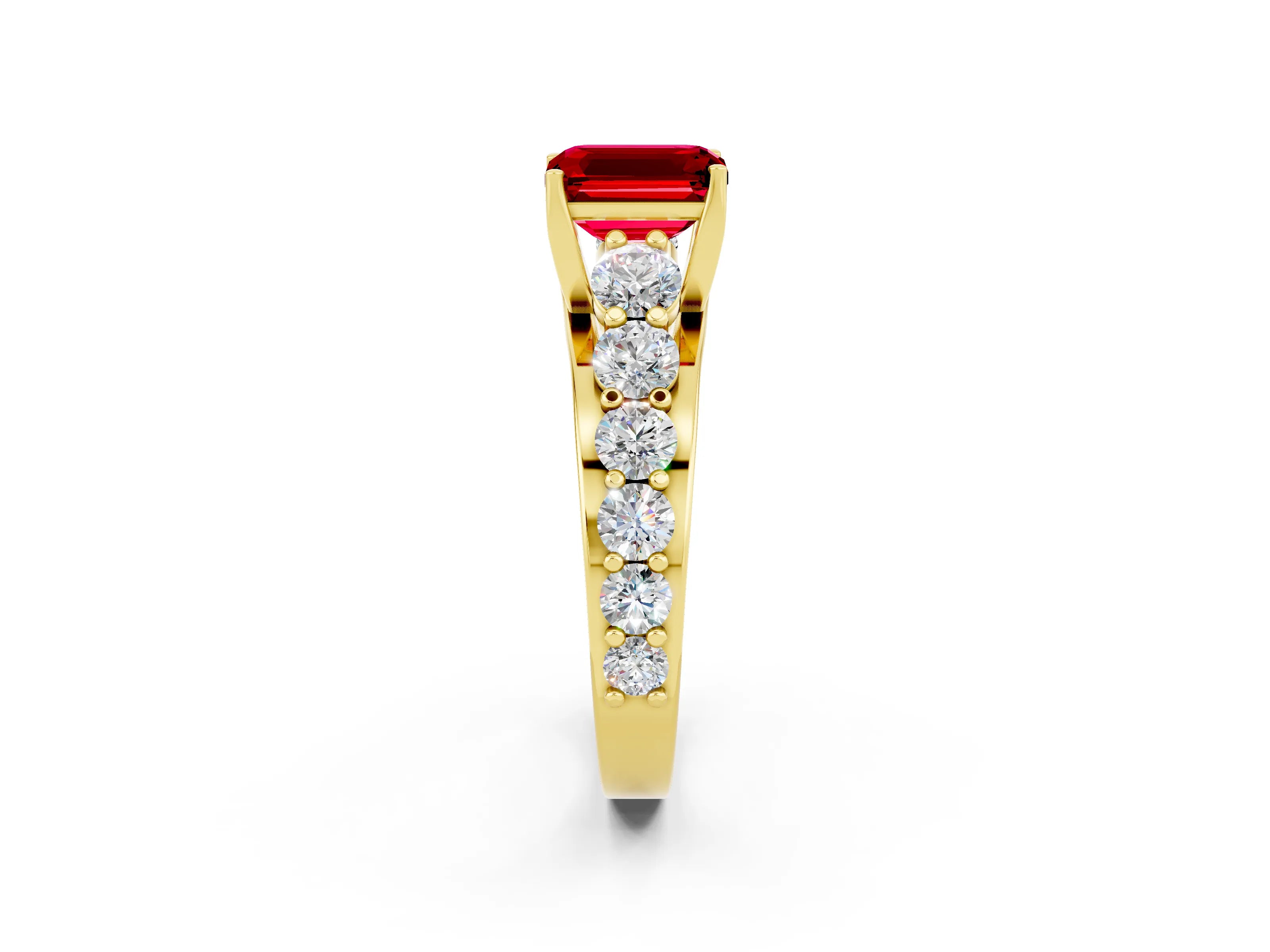 Yellow gold Emerald Cut Ruby Engagement Ring with Pavé Band and Four-Prong Setting_2