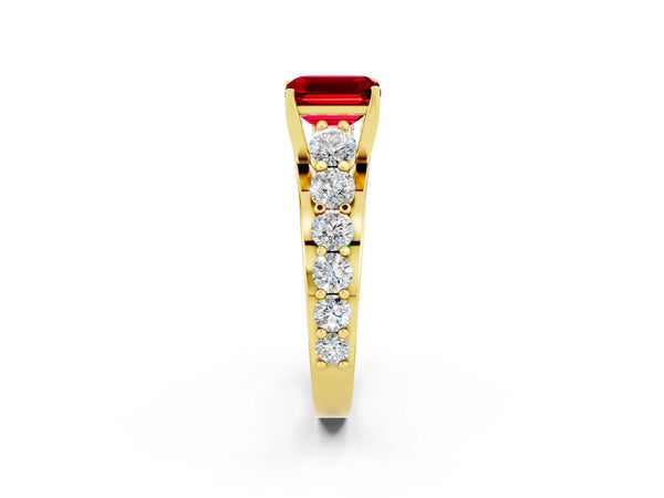 Yellow gold Emerald Cut Ruby Engagement Ring with Pavé Band and Four-Prong Setting