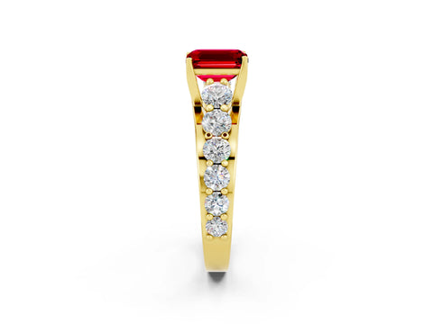 Yellow gold Emerald Cut Ruby Engagement Ring with Pavé Band and Four-Prong Setting_2