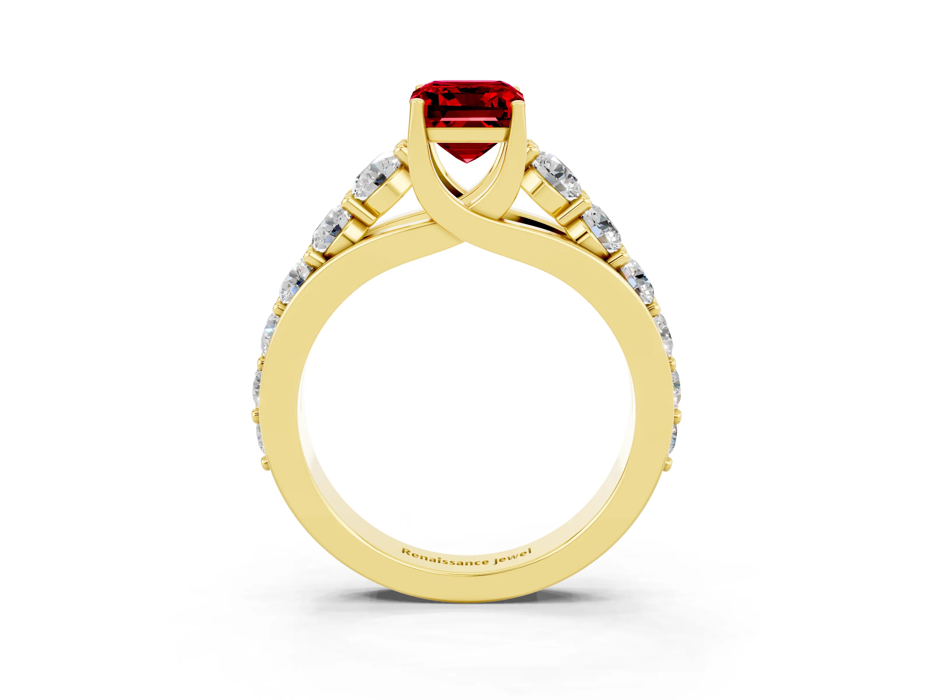 Yellow gold Emerald Cut Ruby Engagement Ring with Pavé Band and Four-Prong Setting_3