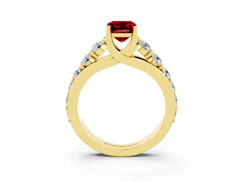 Yellow gold Emerald Cut Ruby Engagement Ring with Pavé Band and Four-Prong Setting_3