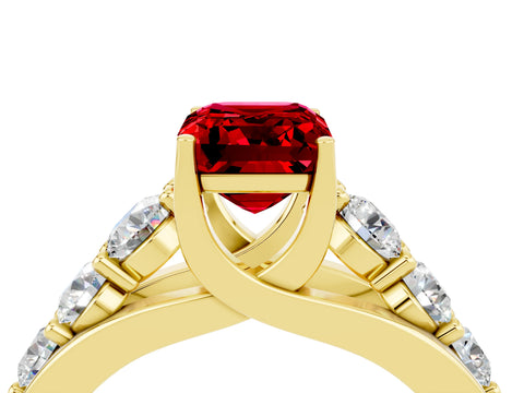 Yellow gold Emerald Cut Ruby Engagement Ring with Pavé Band and Four-Prong Setting_4