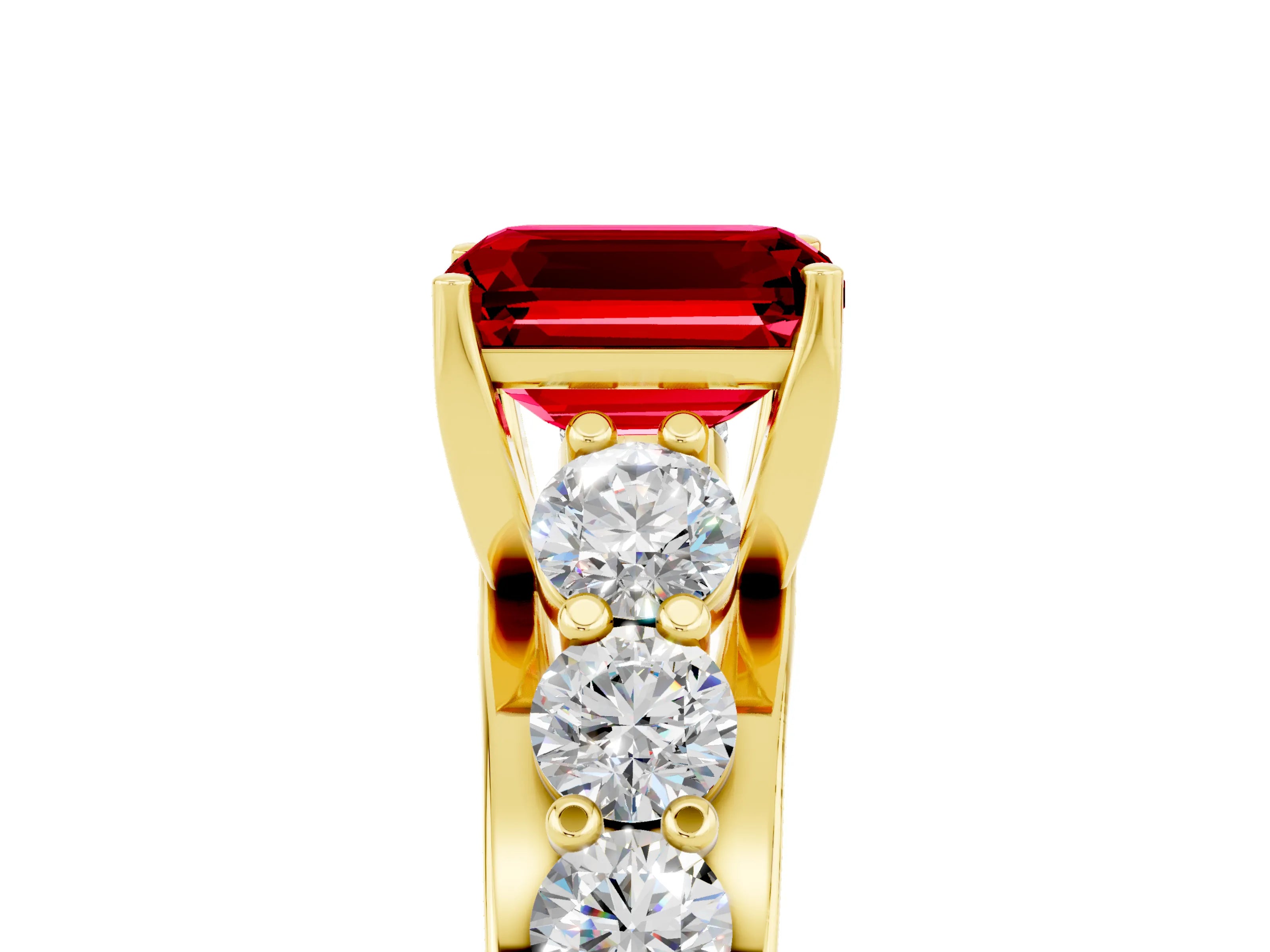 Yellow gold Emerald Cut Ruby Engagement Ring with Pavé Band and Four-Prong Setting_5