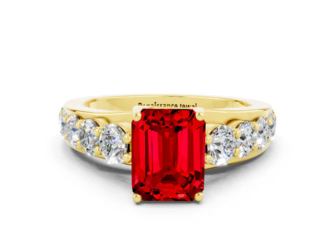 Yellow gold Emerald Cut Ruby Engagement Ring with Pavé Band and Four-Prong Setting