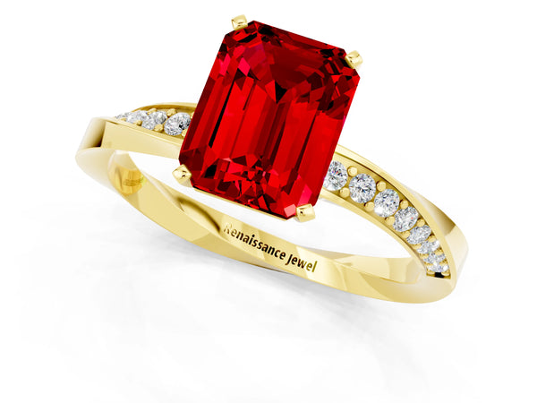 Yellow gold Emerald Cut Ruby Engagement Ring with Side Stone Accents and Four-Prong Setting