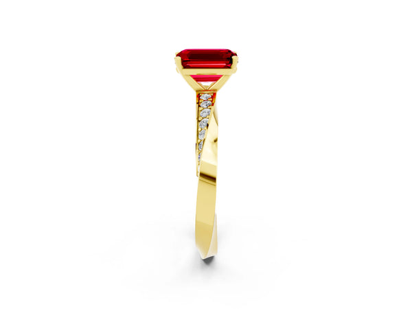 Yellow gold Emerald Cut Ruby Engagement Ring with Side Stone Accents and Four-Prong Setting