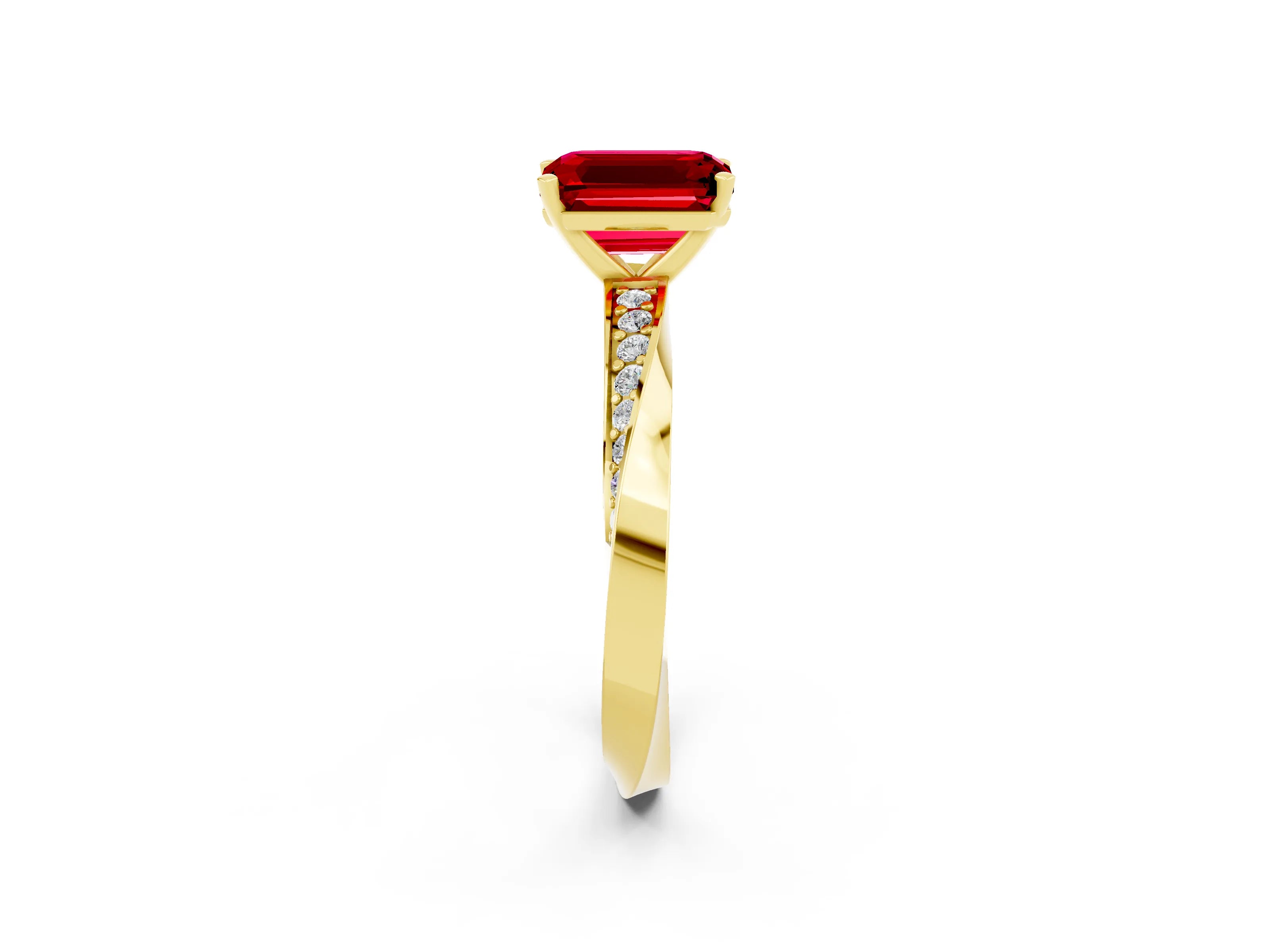 Yellow gold Emerald Cut Ruby Engagement Ring with Side Stone Accents and Four-Prong Setting_29