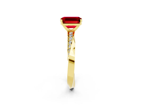 Yellow gold Emerald Cut Ruby Engagement Ring with Side Stone Accents and Four-Prong Setting