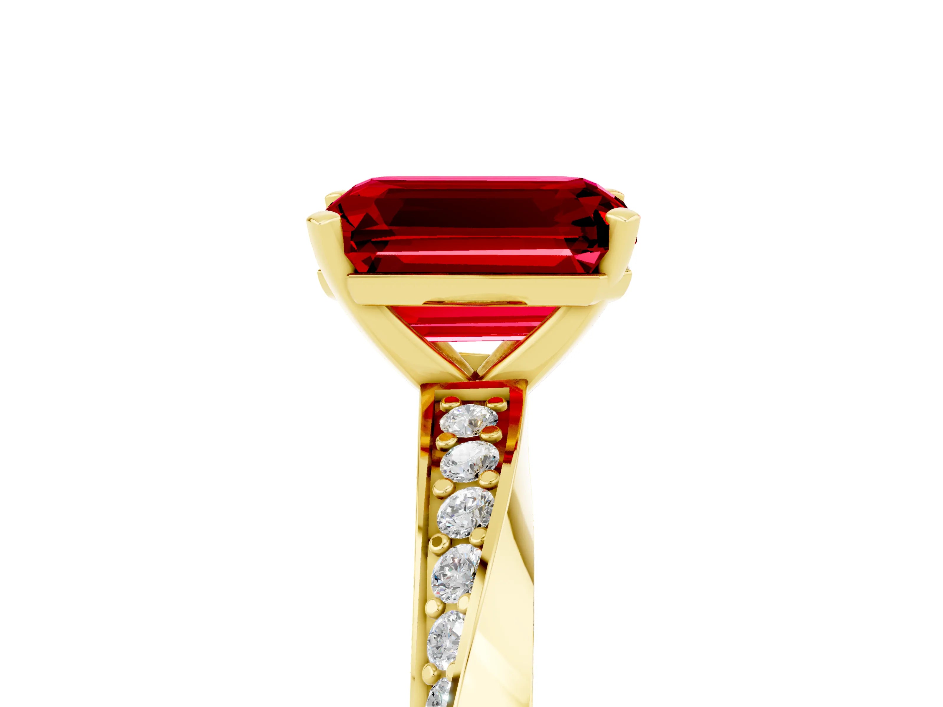 Yellow gold Emerald Cut Ruby Engagement Ring with Side Stone Accents and Four-Prong Setting_32