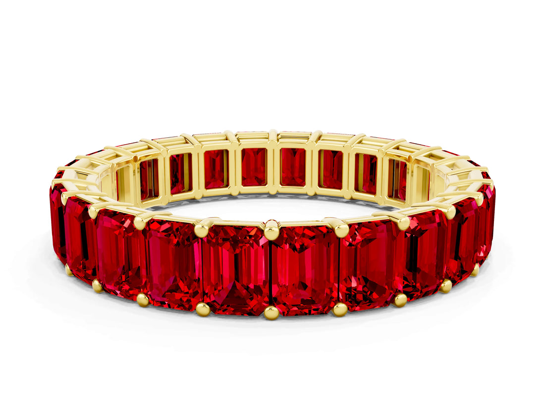 Yellow gold Emerald Cut Ruby Eternity Band with Shared Prong Setting_6