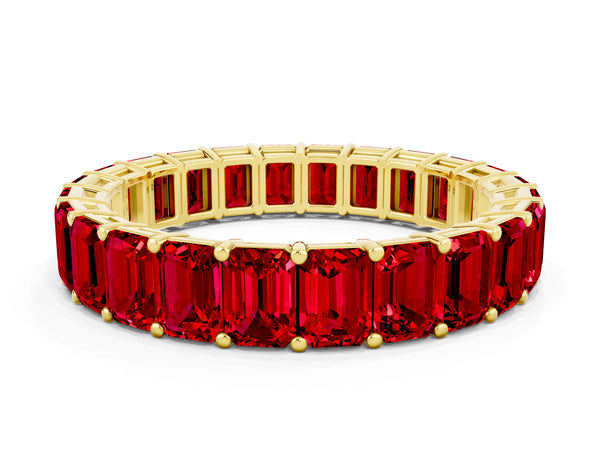 Yellow Gold Emerald Cut Lab-Grown Ruby North-South Eternity Wedding Band with Shared Prongs