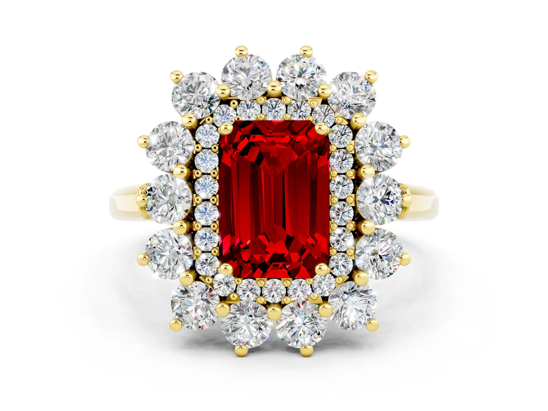 Yellow gold Emerald Cut Ruby Floral Double Halo Engagement Ring with Prong Setting_60