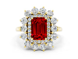 Yellow gold Emerald Cut Ruby Floral Double Halo Engagement Ring with Prong Setting_60