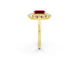 Yellow gold Emerald Cut Ruby Floral Double Halo Engagement Ring with Prong Setting_62