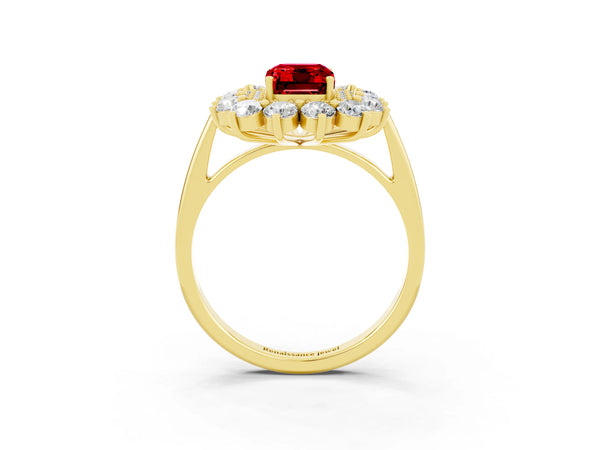 Yellow Gold Emerald Cut Lab-Grown Ruby Floral Double Halo Engagement Ring with Plain Band