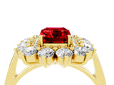 Yellow gold Emerald Cut Ruby Floral Double Halo Engagement Ring with Prong Setting_64