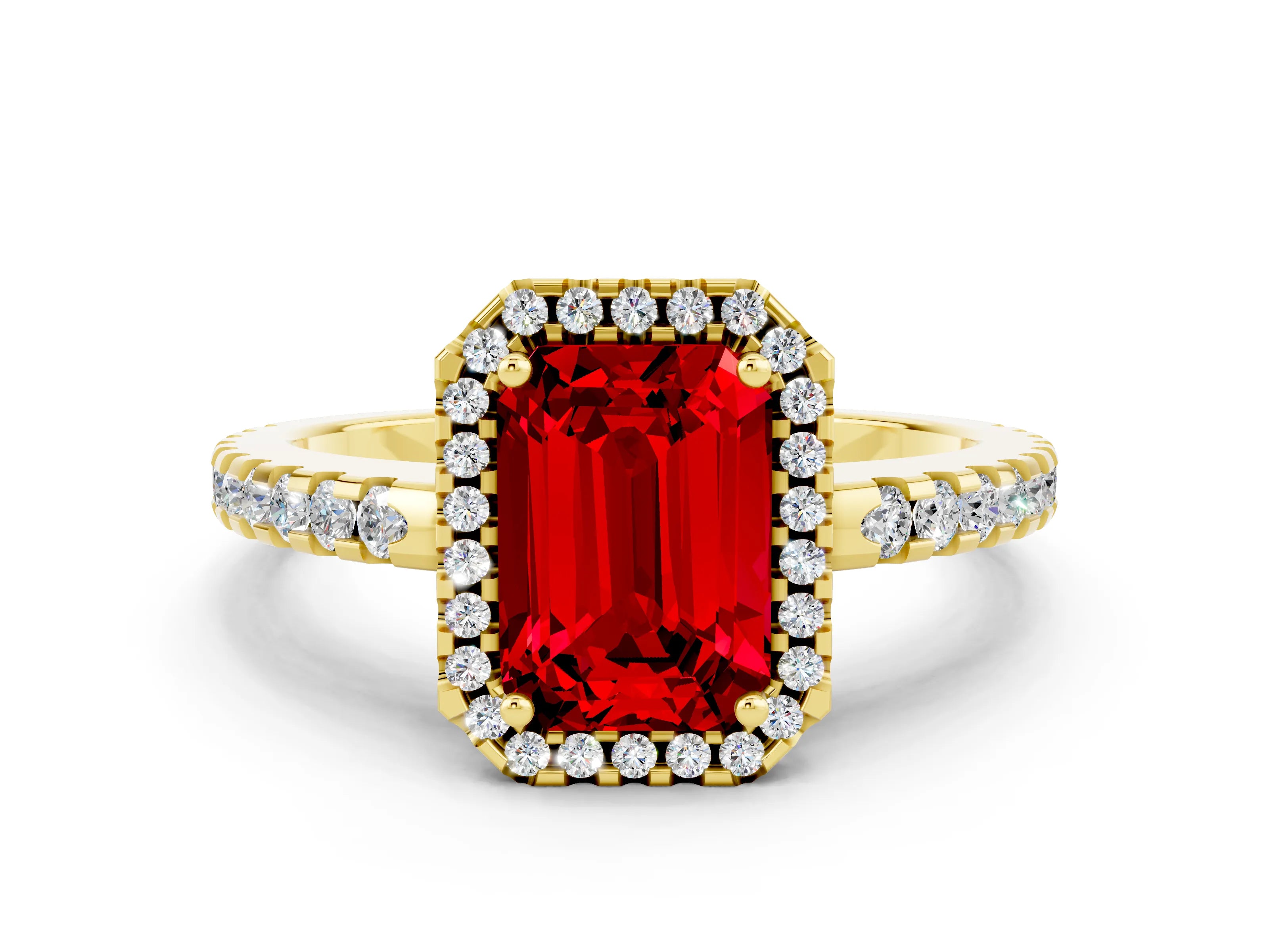 Yellow gold Emerald Cut Ruby Halo Engagement Ring with Pavé Band and Prong Setting_12