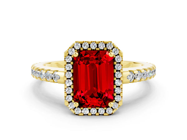 Yellow gold Emerald Cut Ruby Halo Engagement Ring with Pavé Band and Prong Setting