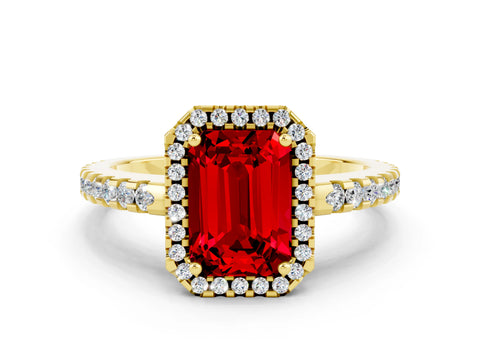 Yellow gold Emerald Cut Ruby Halo Engagement Ring with Pavé Band and Prong Setting_12