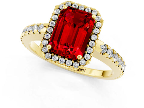 Yellow gold Emerald Cut Ruby Halo Engagement Ring with Pavé Band and Prong Setting_13