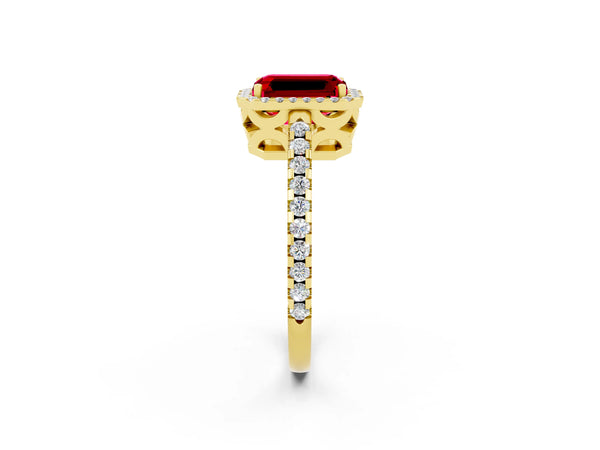 Yellow gold Emerald Cut Ruby Halo Engagement Ring with Pavé Band and Prong Setting