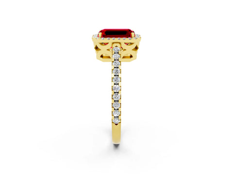 Yellow gold Emerald Cut Ruby Halo Engagement Ring with Pavé Band and Prong Setting_14