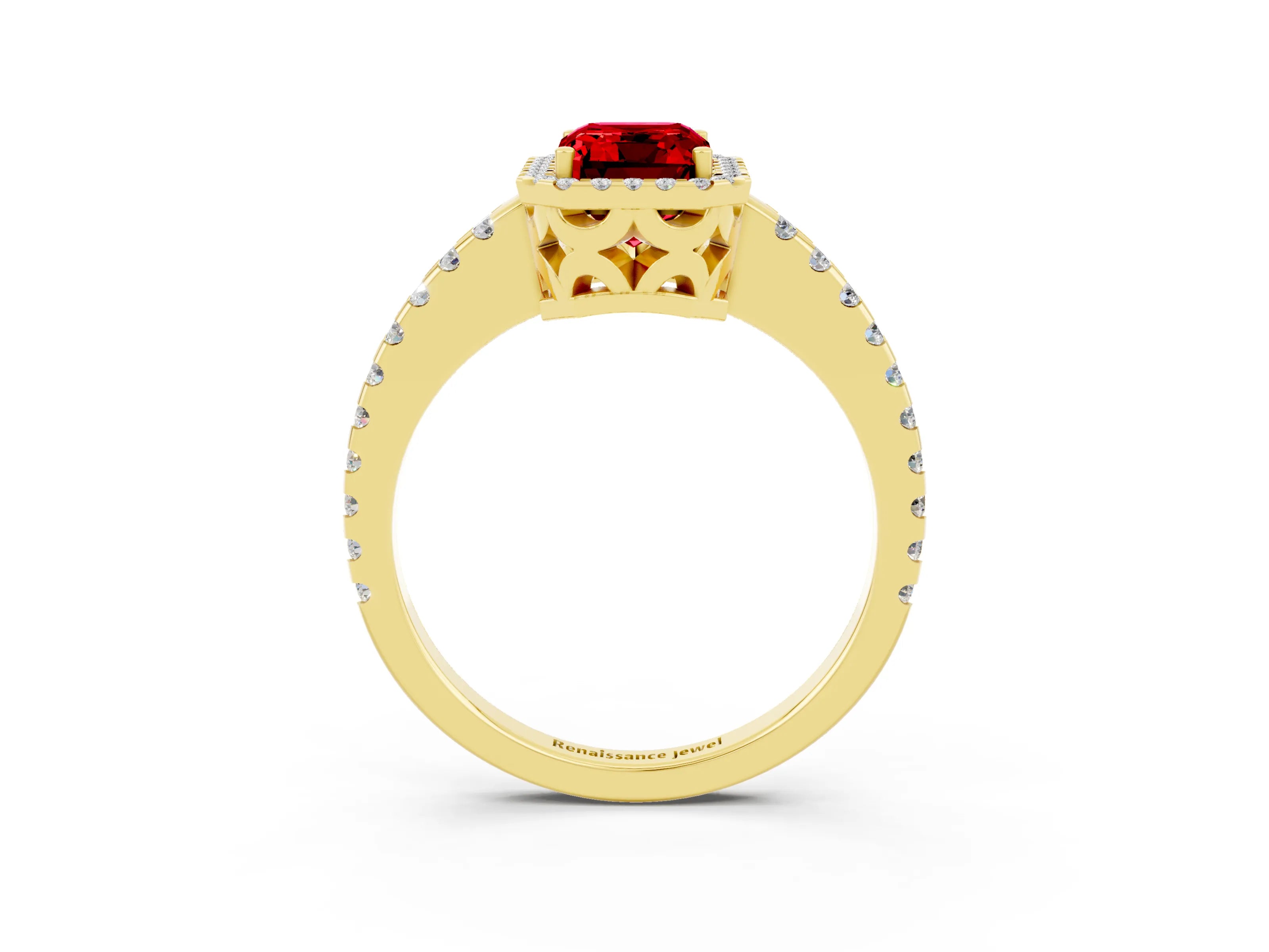 Yellow gold Emerald Cut Ruby Halo Engagement Ring with Pavé Band and Prong Setting_15