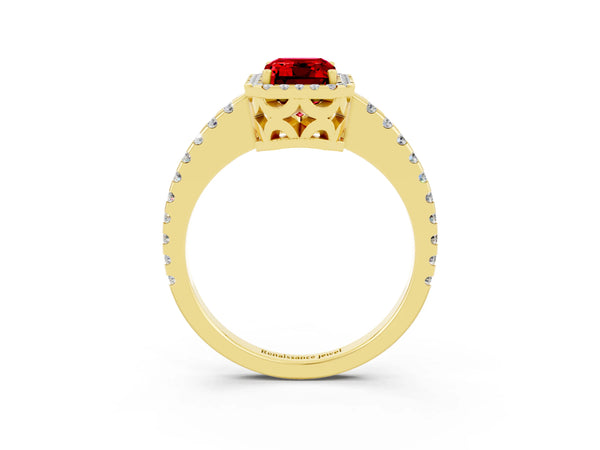 Yellow gold Emerald Cut Ruby Halo Engagement Ring with Pavé Band and Prong Setting