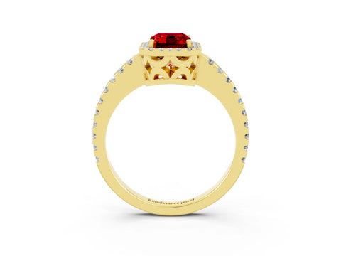 Yellow gold Emerald Cut Ruby Halo Engagement Ring with Pavé Band and Prong Setting_15