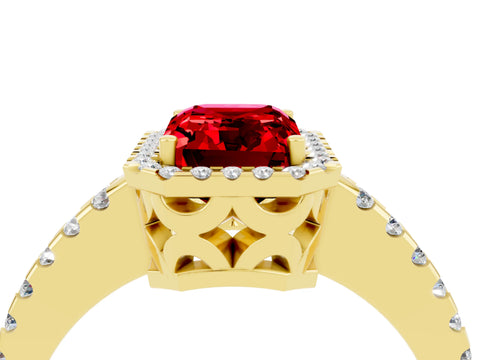 Yellow gold Emerald Cut Ruby Halo Engagement Ring with Pavé Band and Prong Setting_16