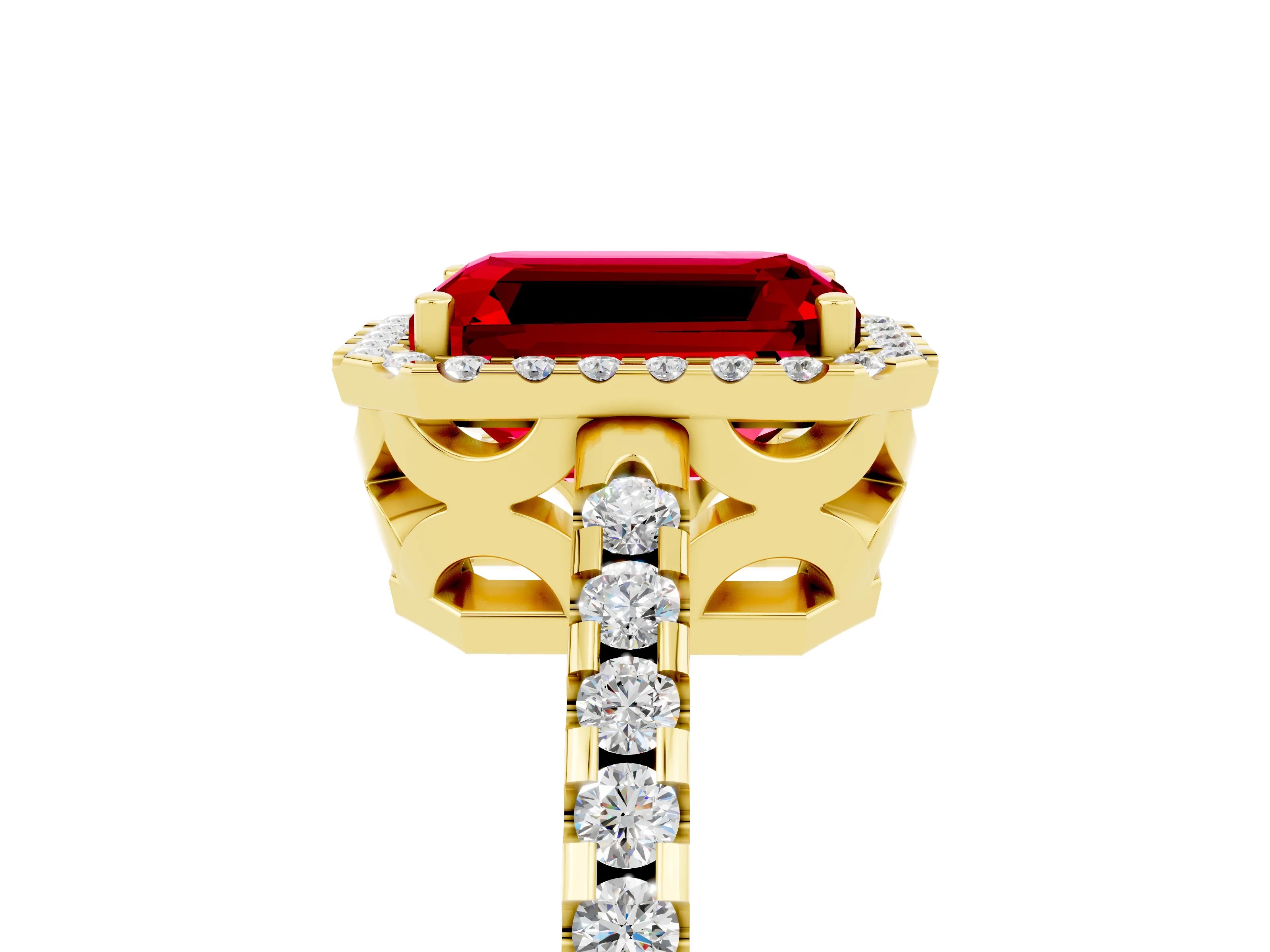 Yellow gold Emerald Cut Ruby Halo Engagement Ring with Pavé Band and Prong Setting_17