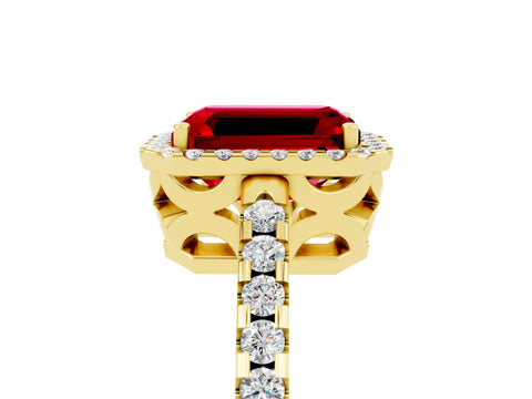 Yellow gold Emerald Cut Ruby Halo Engagement Ring with Pavé Band and Prong Setting_17