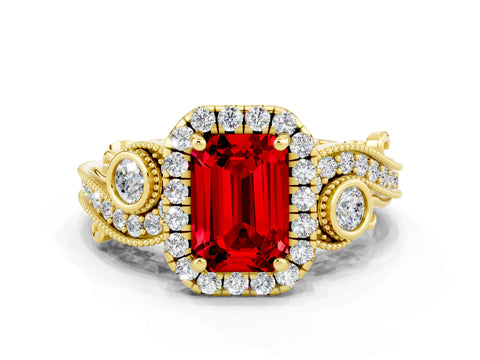 Yellow gold Emerald Cut Ruby Halo Ring with Milgrain Pavé Band and Four-Prong Setting_12
