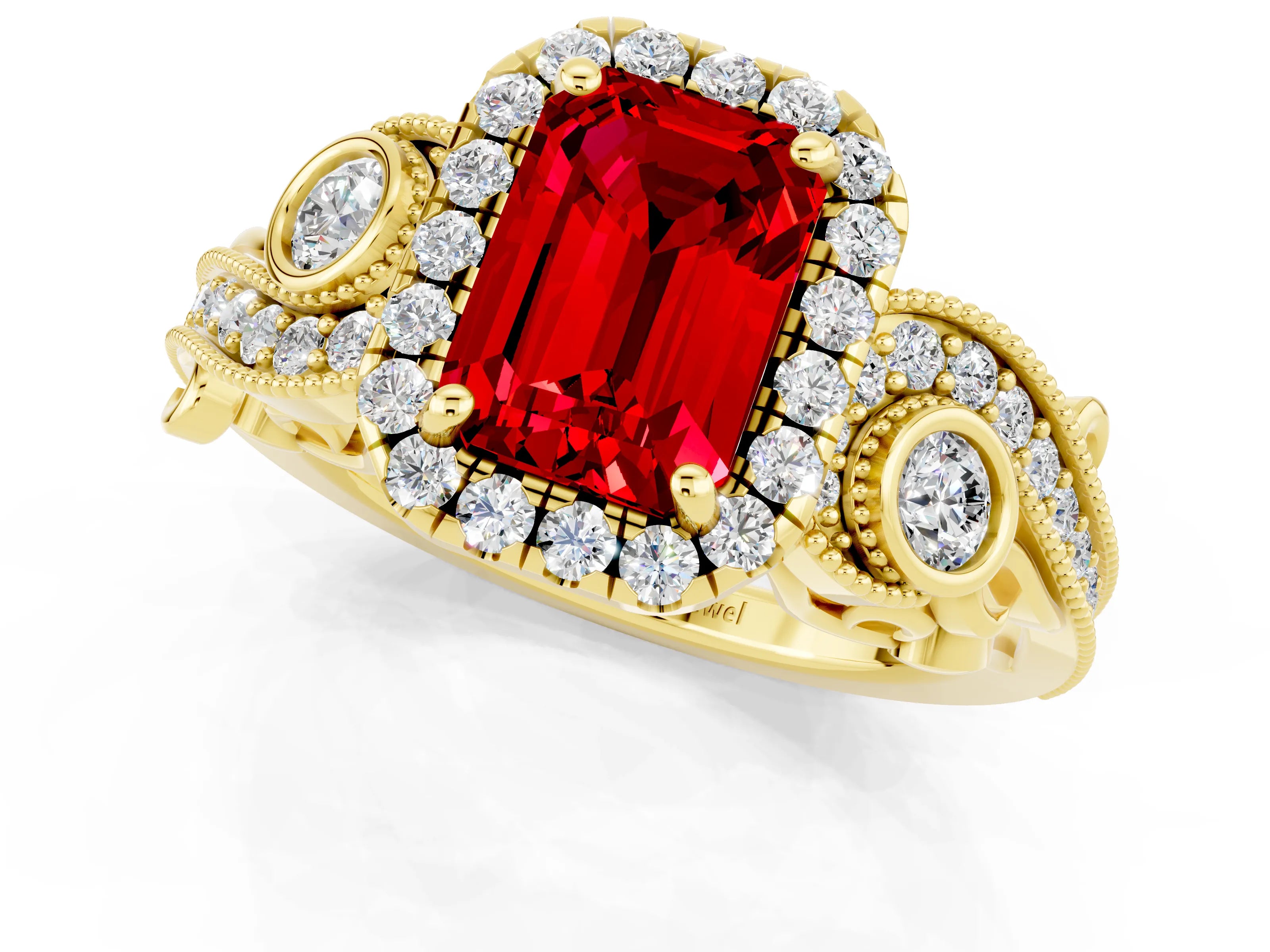 Yellow gold Emerald Cut Ruby Halo Ring with Milgrain Pavé Band and Four-Prong Setting_13