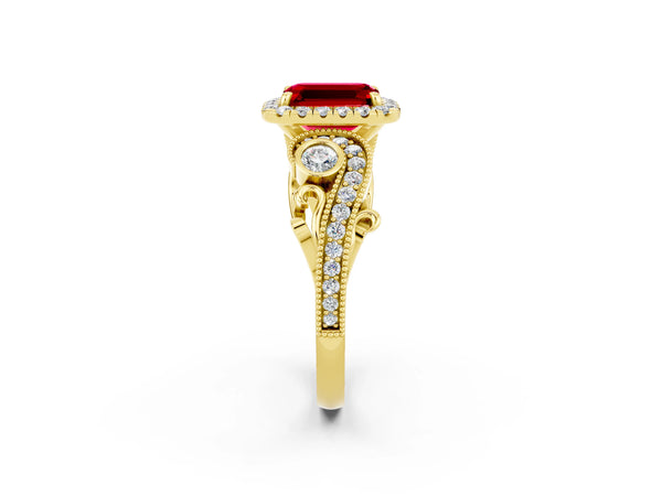Yellow gold Emerald Cut Ruby Halo Ring with Milgrain Pavé Band and Four-Prong Setting