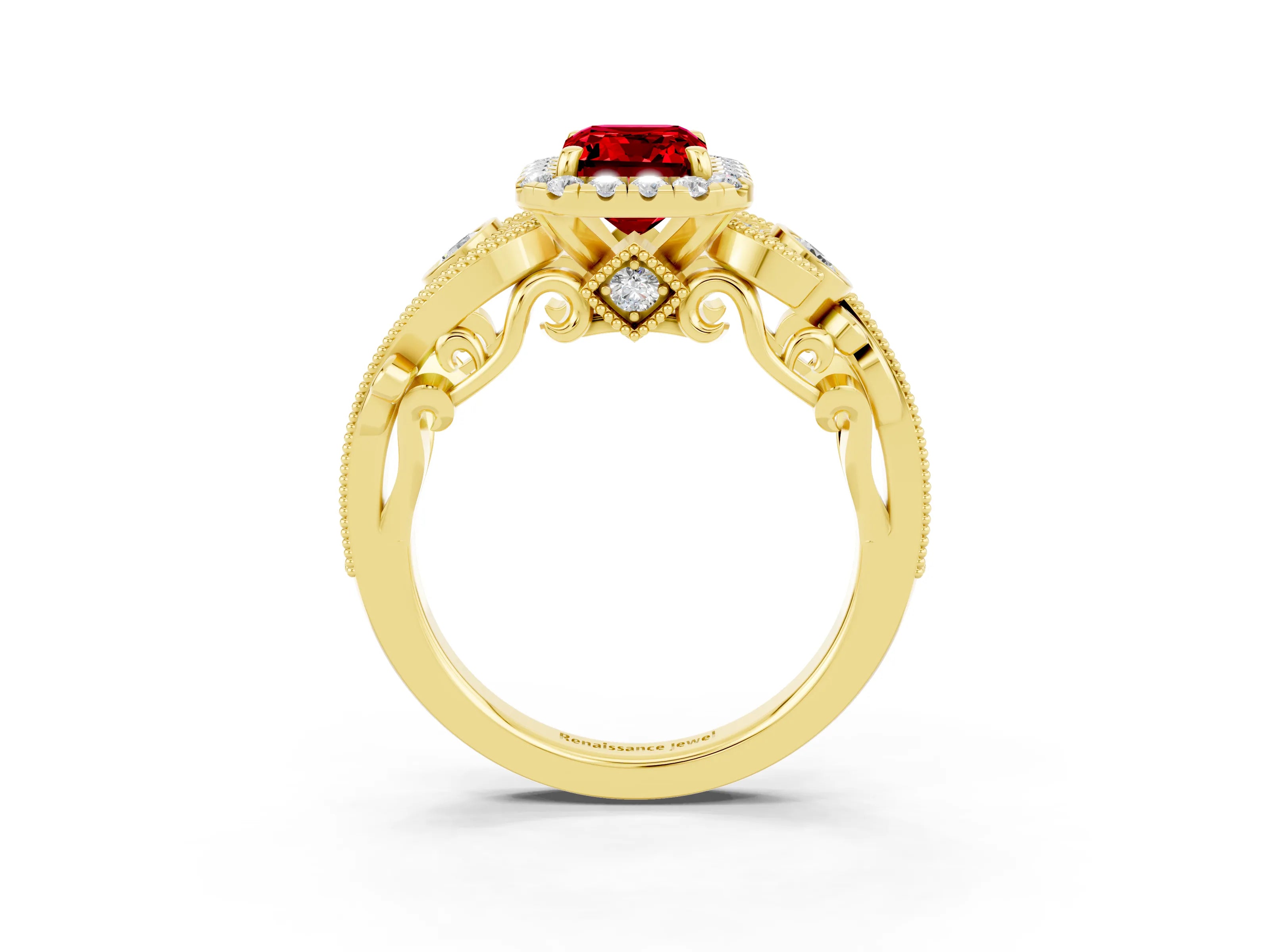 Yellow gold Emerald Cut Ruby Halo Ring with Milgrain Pavé Band and Four-Prong Setting_15