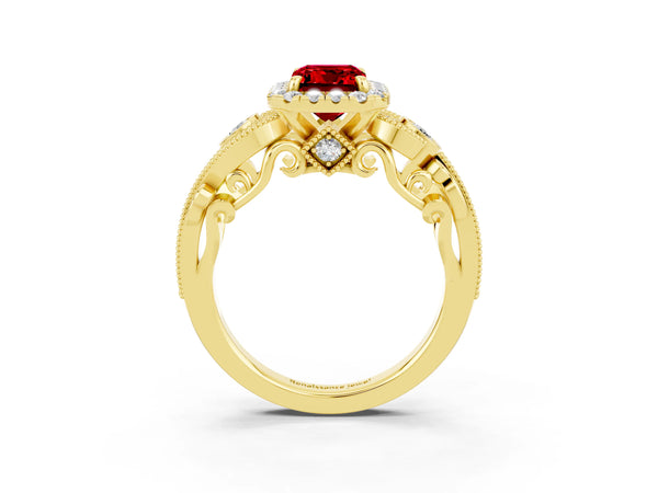 Yellow gold Emerald Cut Ruby Halo Ring with Milgrain Pavé Band and Four-Prong Setting