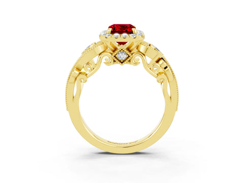 Yellow gold Emerald Cut Ruby Halo Ring with Milgrain Pavé Band and Four-Prong Setting_15