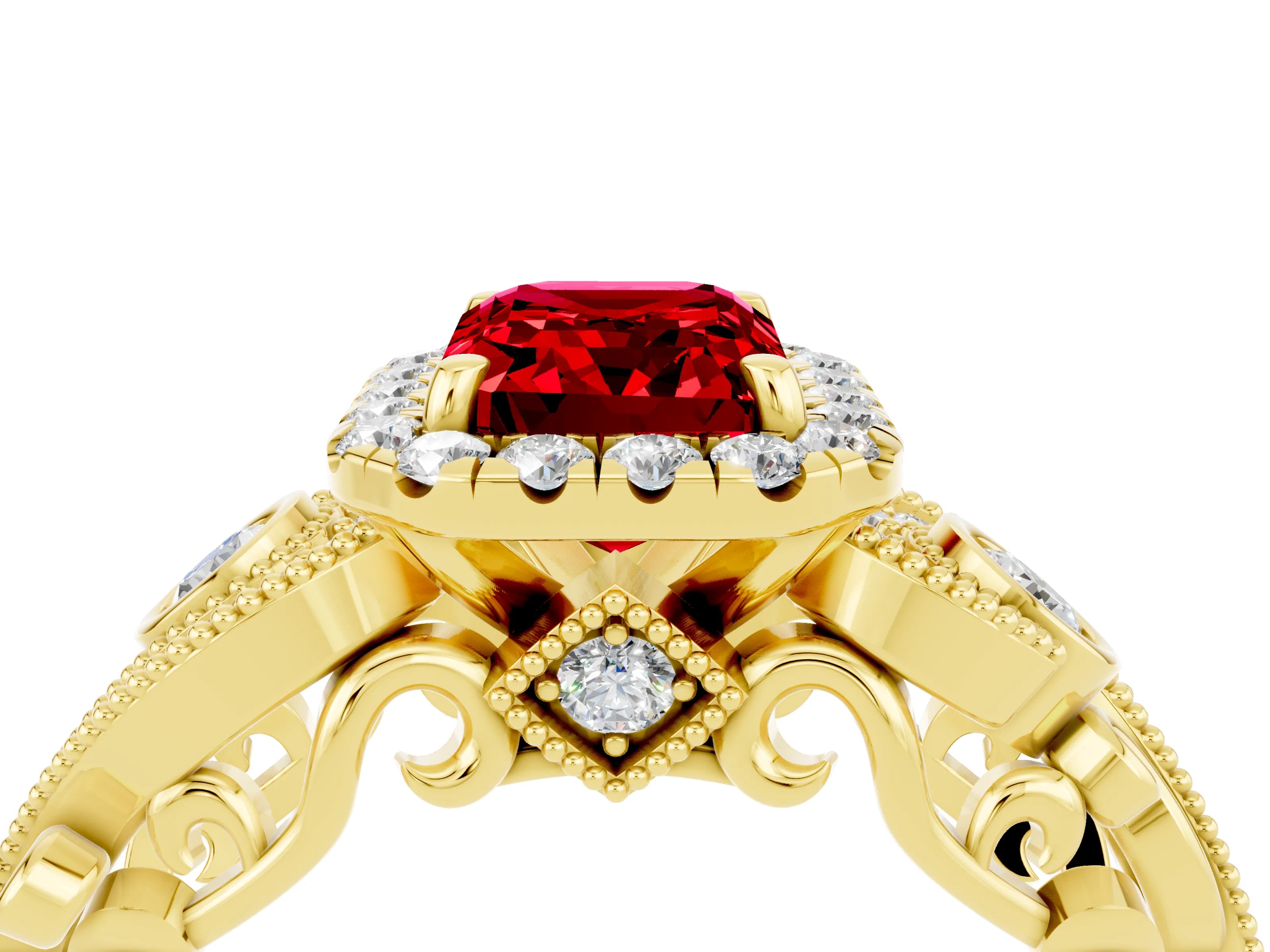 Yellow gold Emerald Cut Ruby Halo Ring with Milgrain Pavé Band and Four-Prong Setting_16