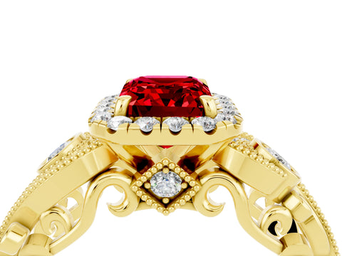 Yellow gold Emerald Cut Ruby Halo Ring with Milgrain Pavé Band and Four-Prong Setting_16