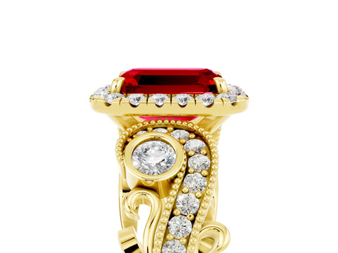 Yellow gold Emerald Cut Ruby Halo Ring with Milgrain Pavé Band and Four-Prong Setting_17