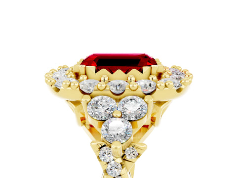 Yellow gold Emerald Cut Ruby Halo Ring with Pavé Band and Four-Prong Setting_17