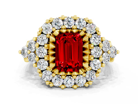 Yellow gold Emerald Cut Ruby Halo Ring with Pavé Band and Four-Prong Setting_23
