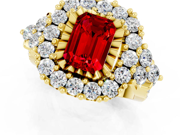 Yellow gold Emerald Cut Ruby Halo Ring with Pavé Band and Four-Prong Setting