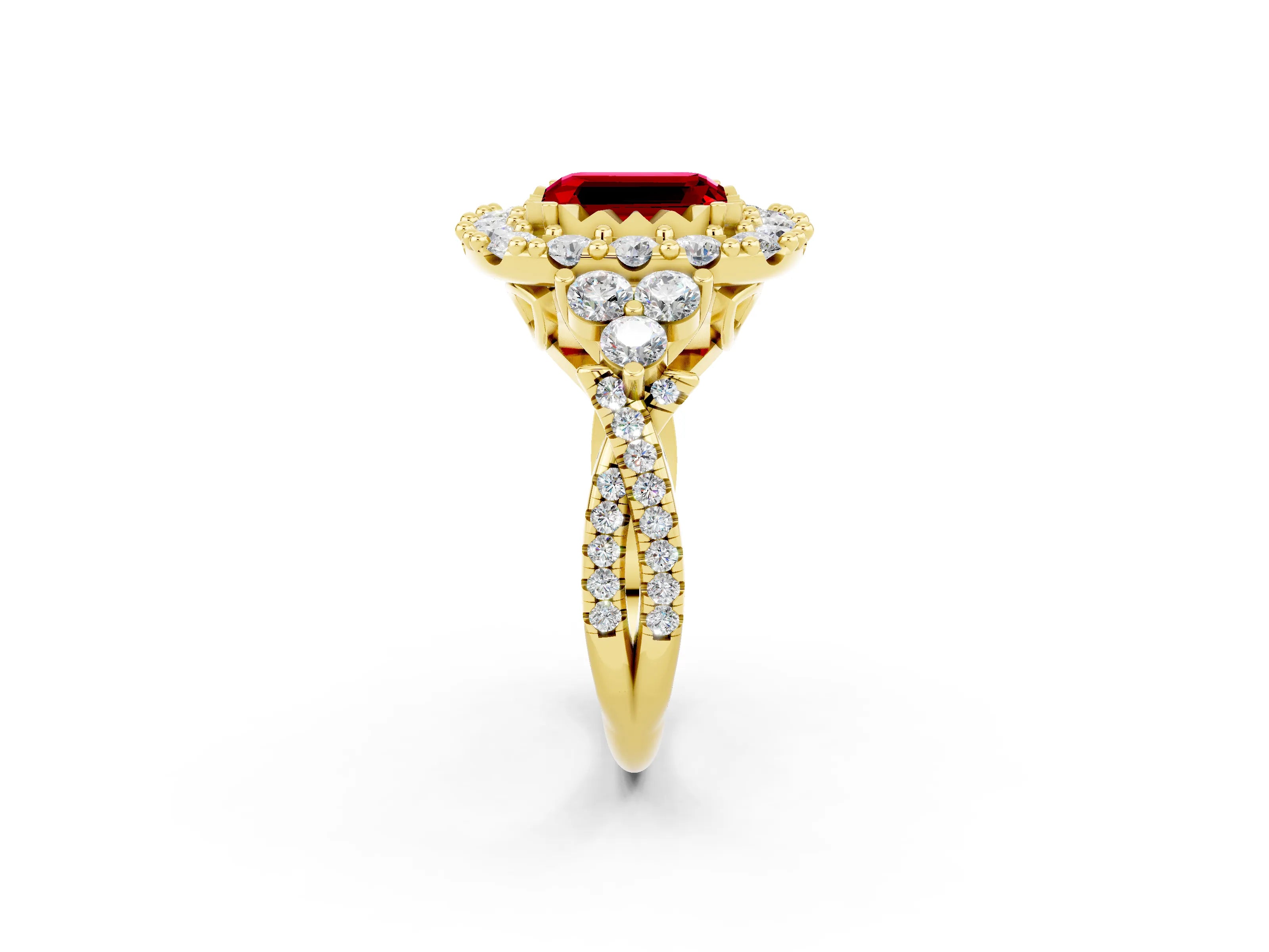Yellow gold Emerald Cut Ruby Halo Ring with Pavé Band and Four-Prong Setting_25