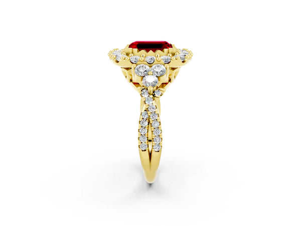 Yellow gold Emerald Cut Ruby Halo Ring with Pavé Band and Four-Prong Setting