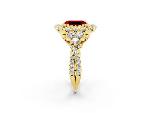 Yellow gold Emerald Cut Ruby Halo Ring with Pavé Band and Four-Prong Setting_25
